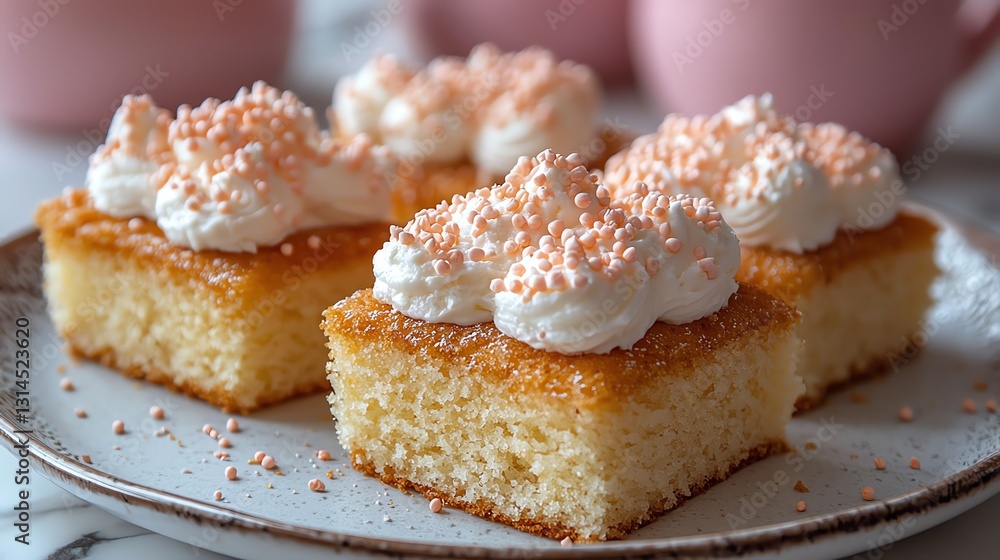 Delicious vanilla cake topped with cream and colorful sprinkles, perfect for dessert. Delicious vanilla cake topped with cream and colorful sprinkles, perfect for dessert.