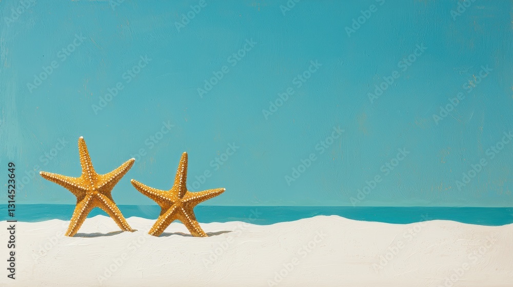 Golden starfish on pristine sand under a clear turquoise sky Golden starfish on pristine sand under a clear turquoise sky