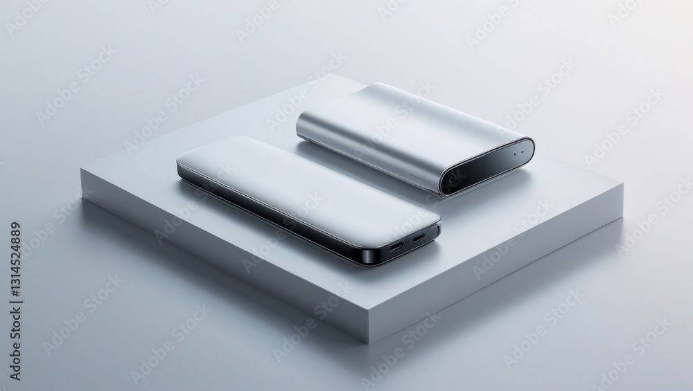 Two Silver External Hard Drives on White Platform Two Silver External Hard Drives on White Platform