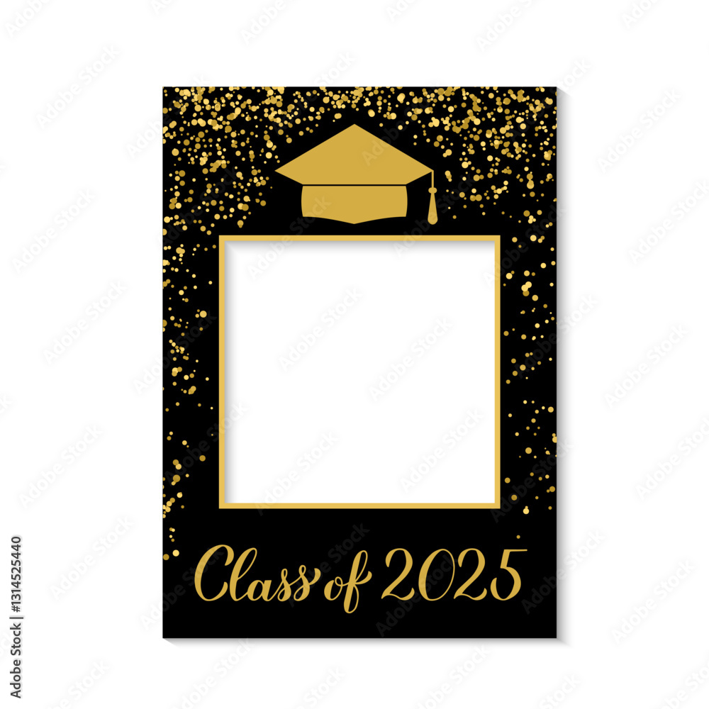 Class of 2025 photo booth frame graduation cap isolated on white. Graduation party photobooth props. Grad celebration selfie frame. Vector template.