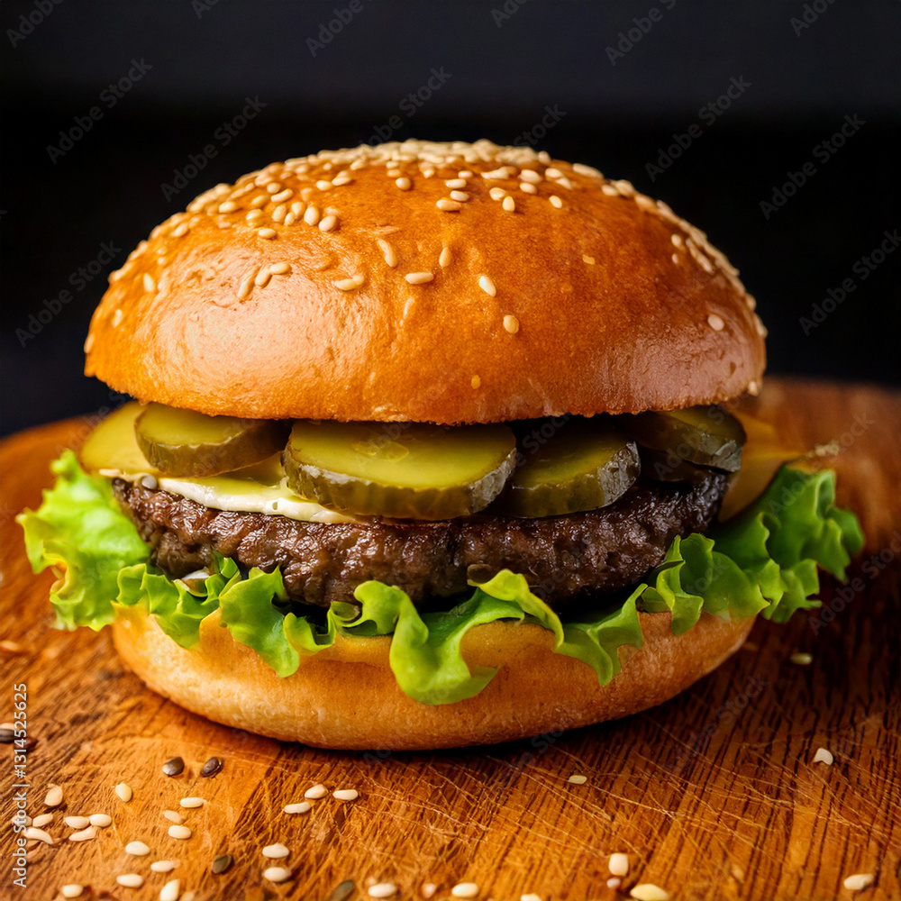 Juicy hamburger on a rustic wooden background fastfood and foodtruck food with good quality