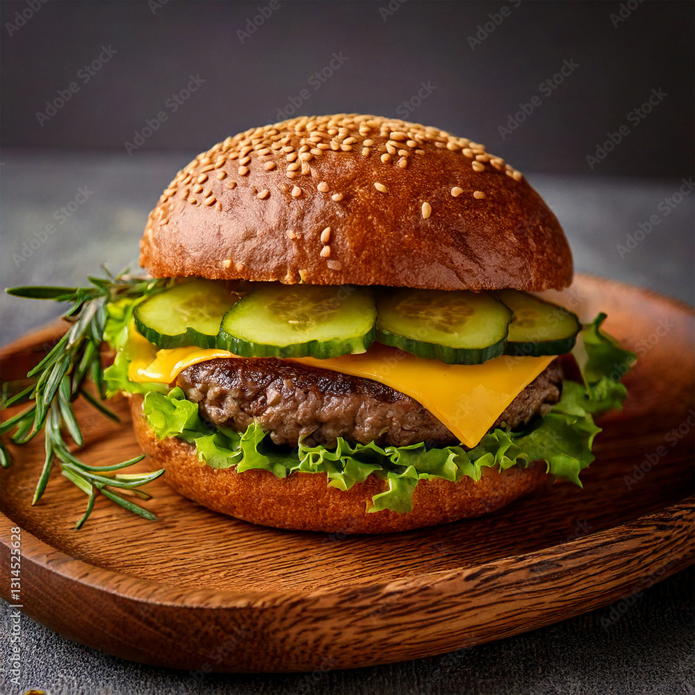 Juicy hamburger on a rustic wooden background fastfood and foodtruck food with good quality