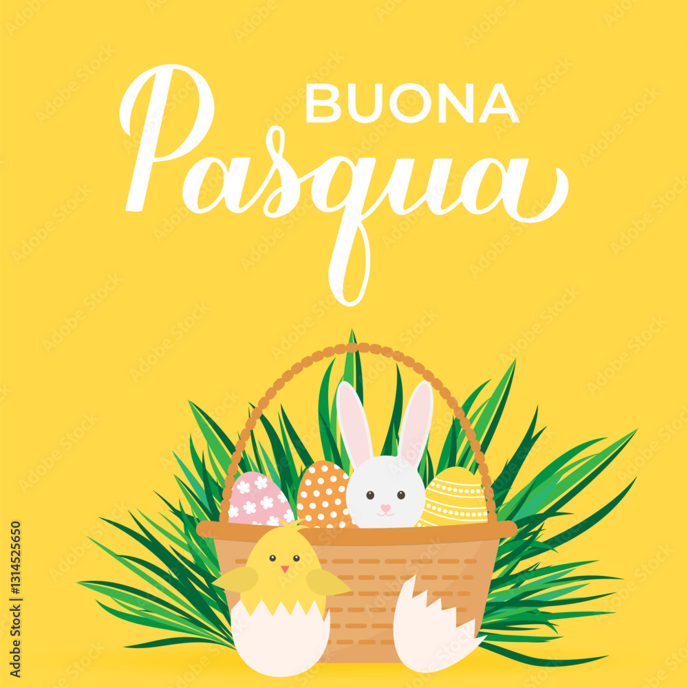 Happy Easter calligraphy lettering in Italian language. Basket of eggs, bunny and cute cartoon chicken. Easter celebration greeting card. Vector illustration.