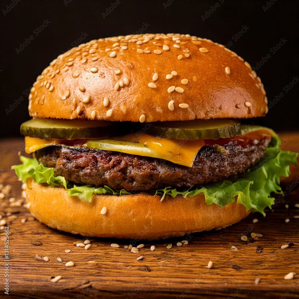 Juicy hamburger on a rustic wooden background fastfood and foodtruck food with good quality