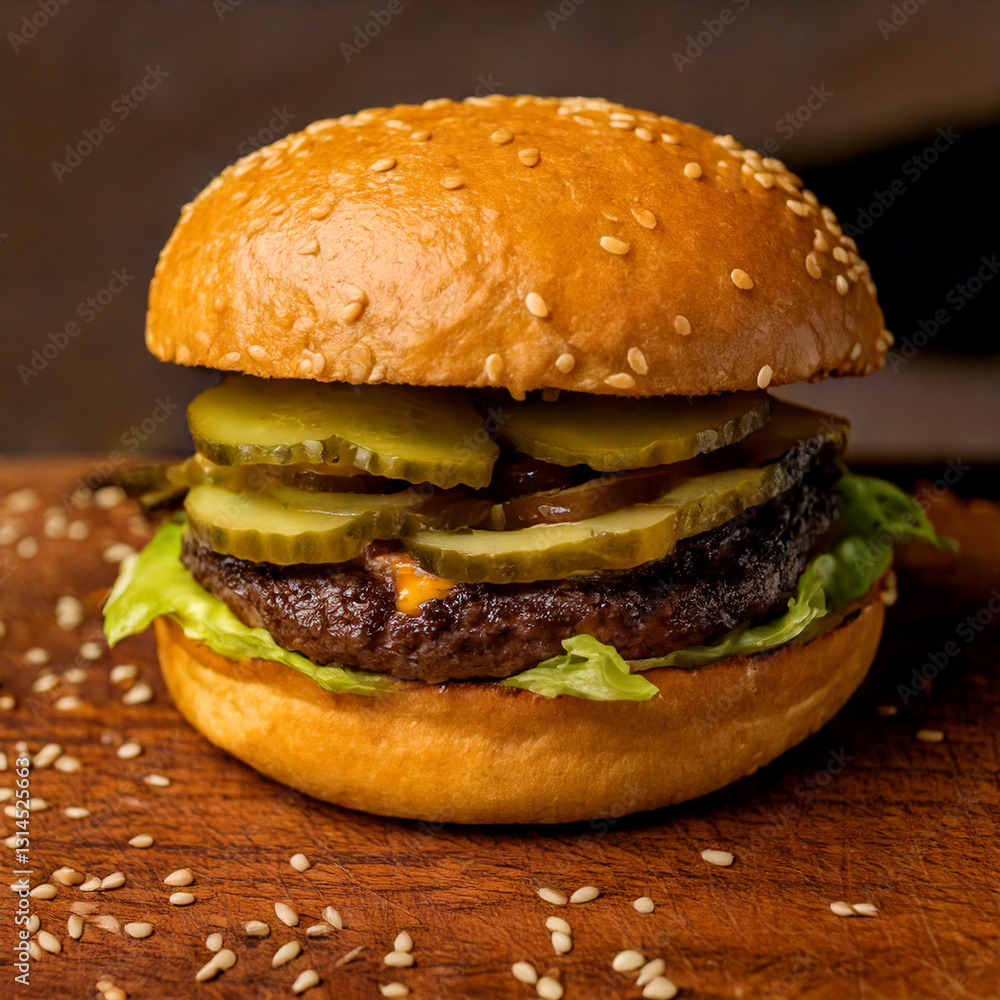 Juicy hamburger on a rustic wooden background fastfood and foodtruck food with good quality