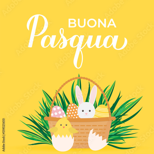 Happy Easter calligraphy lettering in Italian language. Basket of eggs, bunny and cute cartoon chicken. Easter celebration greeting card. Vector illustration.