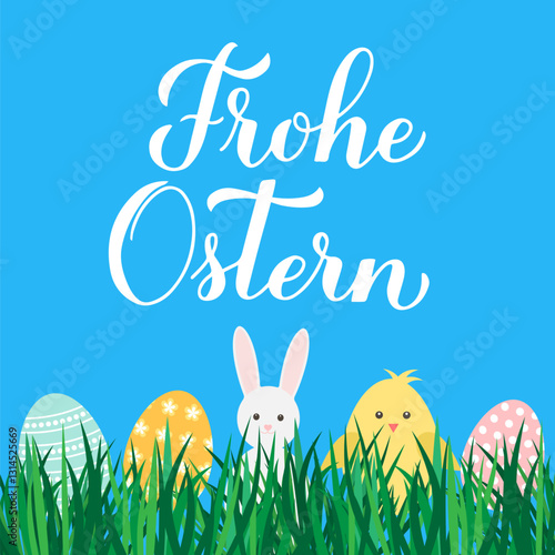 Obraz na płótnie Happy Easter calligraphy lettering in German language. Eggs, bunny and cute cartoon chicken on grass. Easter celebration greeting card. Vector illustration. w salonie