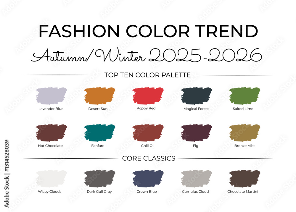 Fashion Color Trend Autumn - Winter 2025 - 2026. Trendy colors palette guide. Fabric swatches with color names. Easy to edit vector template for your creative designs.
