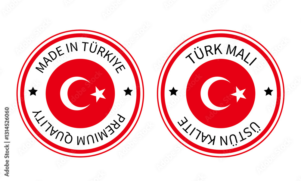 Made in Turkiye round labels in English and in Turkish languages. Quality mark vector icon. Made in Turkey. Perfect for logo design, tags, badges, stickers, emblem, product package, etc. Made in Turkiye round labels in English and in Turkish languages. Quality mark vector icon. Made in Turkey. Perfect for logo design, tags, badges, stickers, emblem, product package, etc.