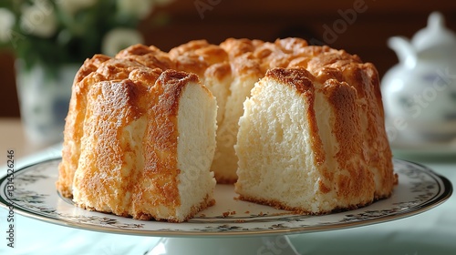Deliciously fluffy angel food cake displayed on an elegant plate, inviting to taste.