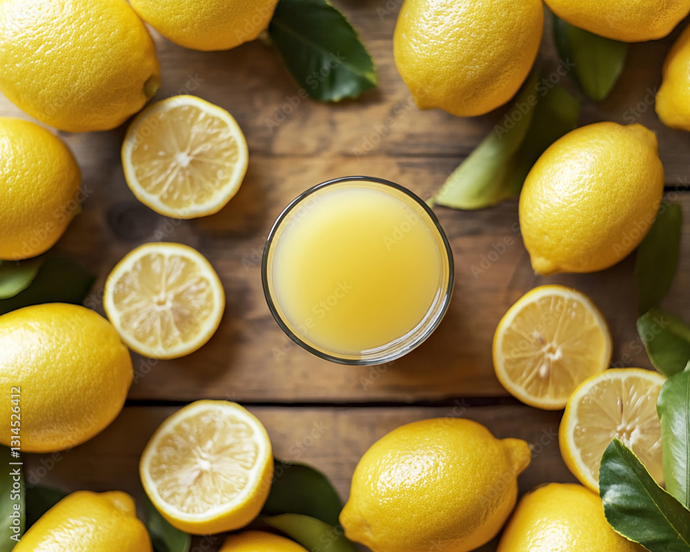Overhead shot of glass of lemon juice surrounded by whole and halved lemons and leaves on wooden surface, showcasing freshness and natural goodness of citrus fruit Overhead shot of glass of lemon juice surrounded by whole and halved lemons and leaves on wooden surface, showcasing freshness and natural goodness of citrus fruit