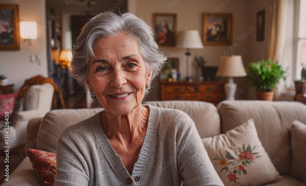 Woman is sitting on a couch in a living room. She is smiling and looking at the camera Woman is sitting on a couch in a living room. She is smiling and looking at the camera