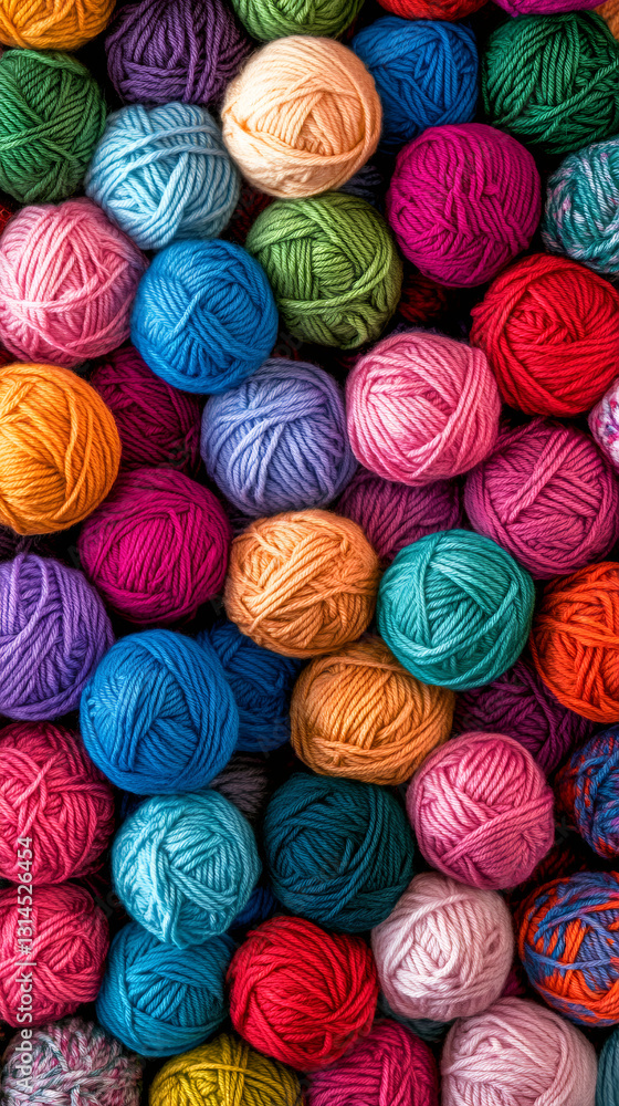 Multicolored yarn balls displaying soft textures and vibrant hues, representing creative handcraft materials and textile artisan workspace Multicolored yarn balls displaying soft textures and vibrant hues, representing creative handcraft materials and textile artisan workspace