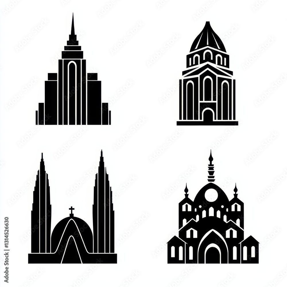 Fototapeta premium Set of architectural icons: modern skyscraper, ancient temple, gothic cathedral, traditional house