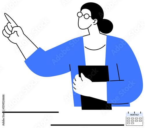 Woman in glasses pointing while holding a notebook, beside a small monthly calendar. Ideal for planning, organization, productivity, scheduling, time management, leadership education. Flat simple