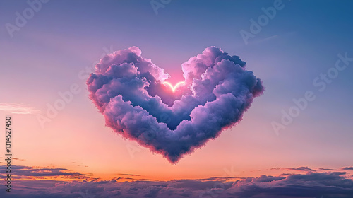A Pixel Art Heart Shaped Cloud at Sunset with Pink and Purple Hues in a Dreamlike Sky
