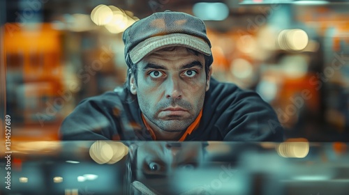 A contemplative man in a cap gazes intently, reflecting a mix of emotions in a softly lit environment.