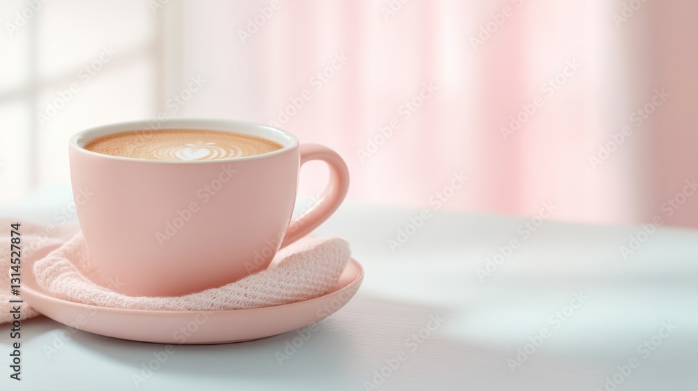 Obraz premium Pink Coffee Delight: A delicate, warm cup of coffee rests on a saucer, radiating serenity and invoking the feeling of a serene morning.