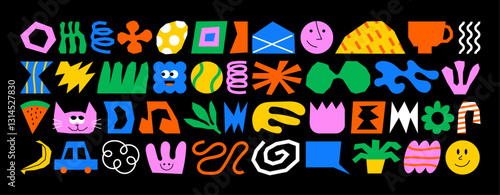 Abstract vector elements. Colorful doodles. Hand drawn naive cartoon. Set of basic shapes and childish drawings.