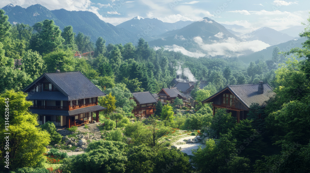Old mountain houses bask in the warmth of a summer day, surrounded by nature’s beauty Old mountain houses bask in the warmth of a summer day, surrounded by nature’s beauty