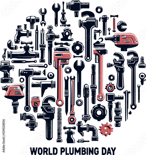 World Plumbing Day Tools and Pipes Vector Illustration

