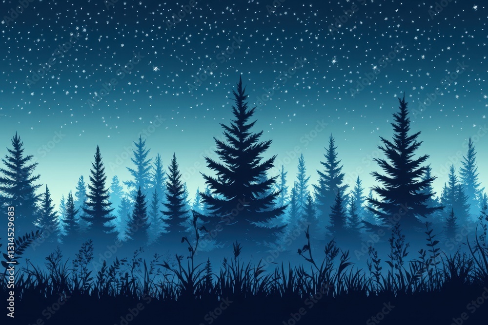Fototapeta premium Enchanted Forest Under a Starry Night Sky Serene Blue Landscape with Evergreen Trees and Grass Silhouette Tranquil Scene Nature Illustration