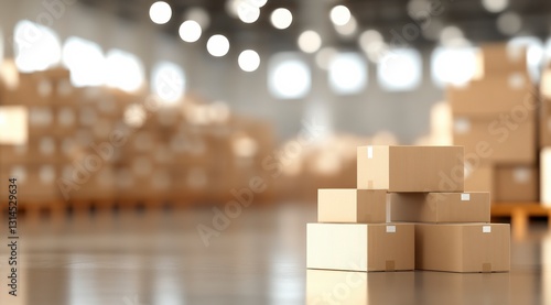 Supply Chain Harmony: Stacked cardboard boxes, artfully arranged in the foreground of a vast warehouse, hinting at a dynamic logistical operation