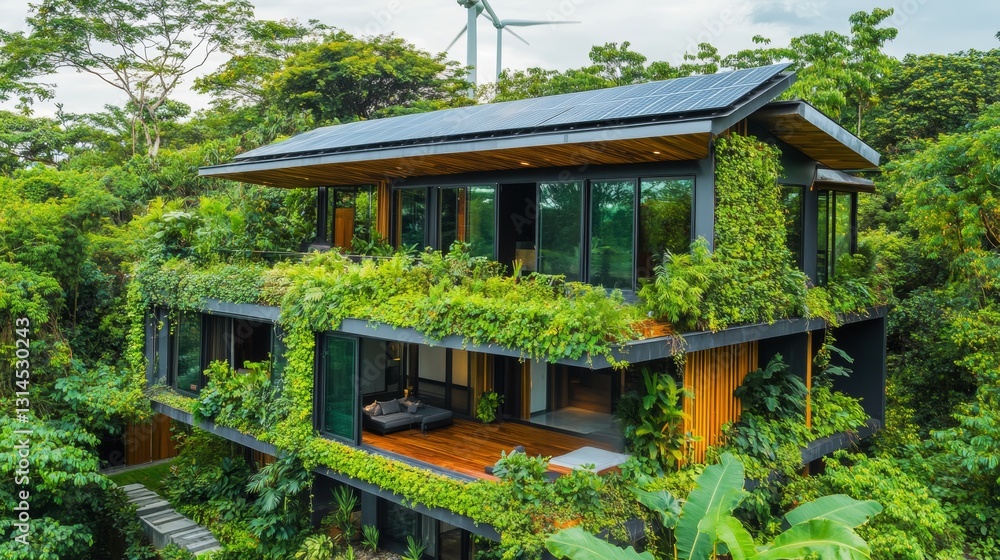 Ecological house with solar panels surrounded by vegetation Ecological house with solar panels surrounded by vegetation