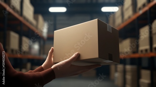Holding the Package: A pair of hands carefully hold a plain cardboard box in a busy warehouse setting. The focus is on the box and the hands.