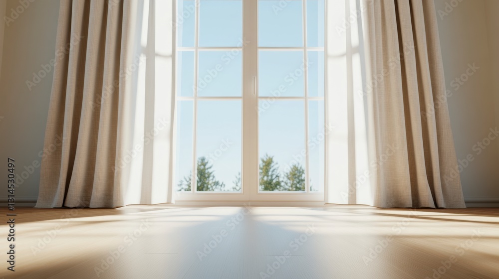 Fototapeta premium Sunlit Room: A sun-drenched room with a large window framing a picturesque view of the bright outdoors, soft curtains, and wooden floors. Capturing the serene tranquility and natural light.
