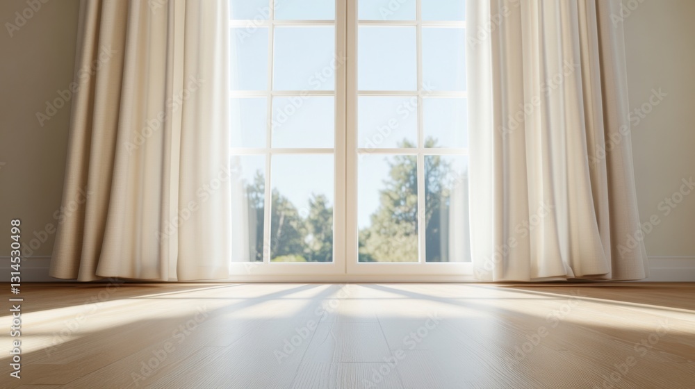 Interior serenity: Sunlight streams through a large window, illuminating the room and casting shadows on a hardwood floor, creating a serene ambiance. Curtains frame the view of lush trees. Interior serenity: Sunlight streams through a large window, illuminating the room and casting shadows on a hardwood floor, creating a serene ambiance. Curtains frame the view of lush trees.