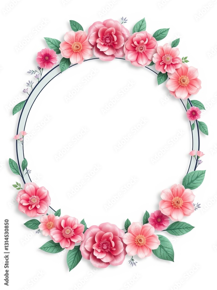 Elegant Floral Wreath Frame Adorned with Soft Pink Flowers and Lush Green Leaves for Charming Decor Elegant Floral Wreath Frame Adorned with Soft Pink Flowers and Lush Green Leaves for Charming Decor