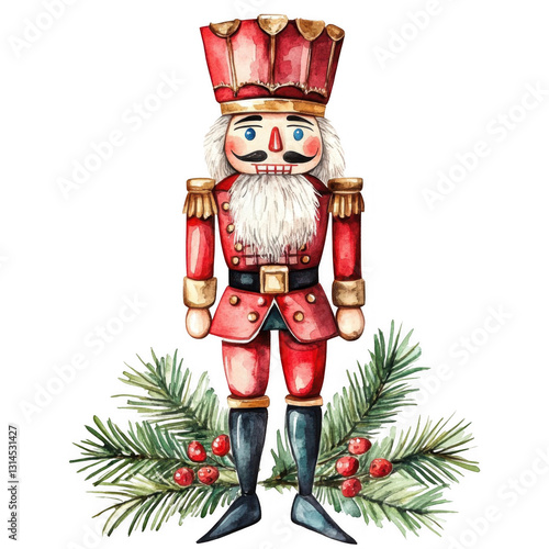 Colorful Christmas Nutcracker with Pine Branches and Berries