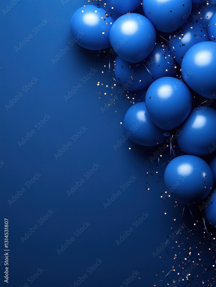 Elegant blue balloons with golden confetti on a dark blue background for celebration and festive mood Elegant blue balloons with golden confetti on a dark blue background for celebration and festive mood