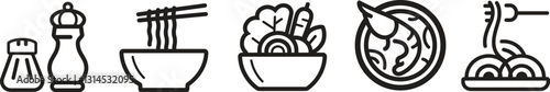Noodles, Ramen noodle, Bowl and pair of chopsticks, Tom yum goong, Salad Icon, Sprinkle Salt. Outline icon or Linear symbol.