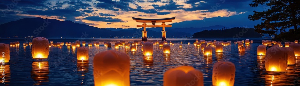A serene night scene with floating lanterns and a traditional torii gate. A serene night scene with floating lanterns and a traditional torii gate.