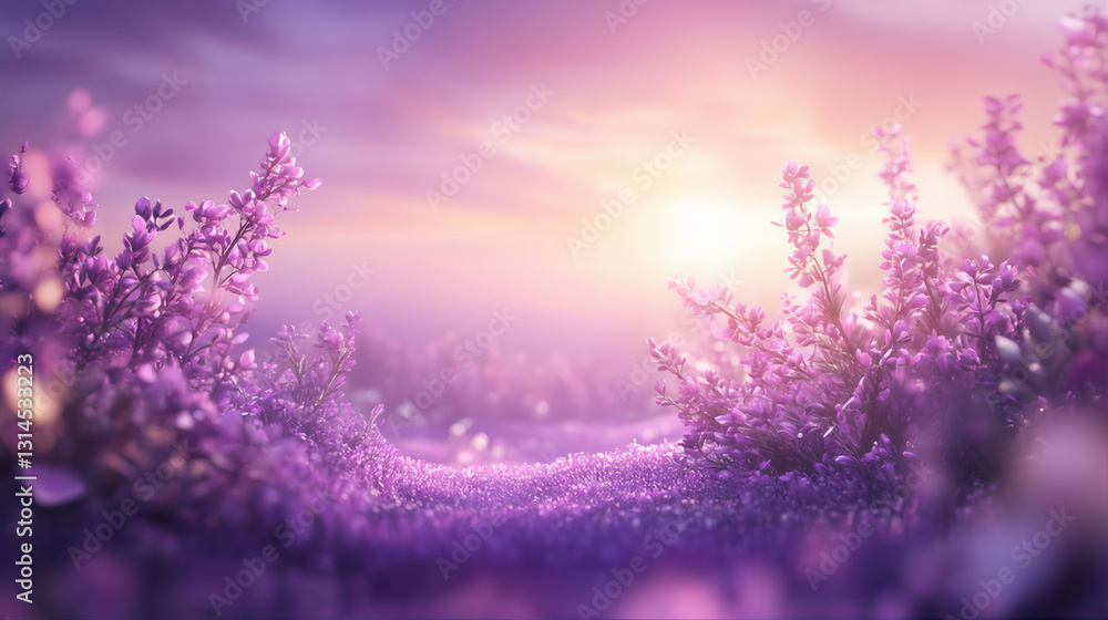Obraz premium Beautiful sunlit bokeh, blur purple field of lavender flower background. Violet lavender field in spring, garden, field. Lavender field at sunset