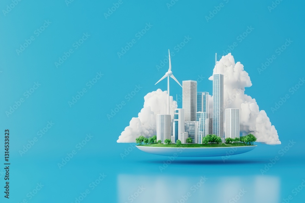 Fototapeta premium Conceptual Floating City Powered by Renewable Energy with Wind Turbines and Green Landscape