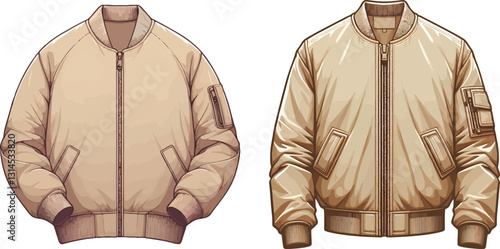 Tan Beige Color Bomber jacket sketch fashion drawing illustration Vector Design.