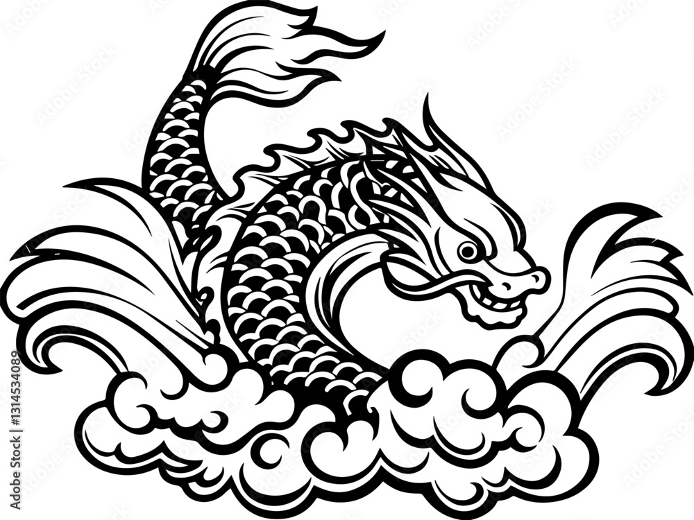 SVG vector features a traditional Japanese dragon (Ryu). Stylized Dragon Swimming Through Turbulent Ocean Waves SVG vector features a traditional Japanese dragon (Ryu). Stylized Dragon Swimming Through Turbulent Ocean Waves