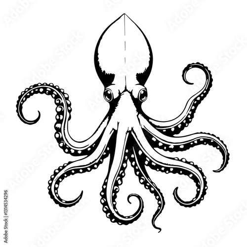 Stylized squid icon with dotted tentacles and streamlined body for fish restaurant menu and oceanic branding