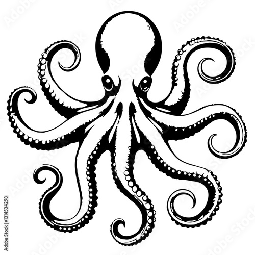 Intricate black and white octopus icon with curled tentacles for seafood restaurant menu and branding