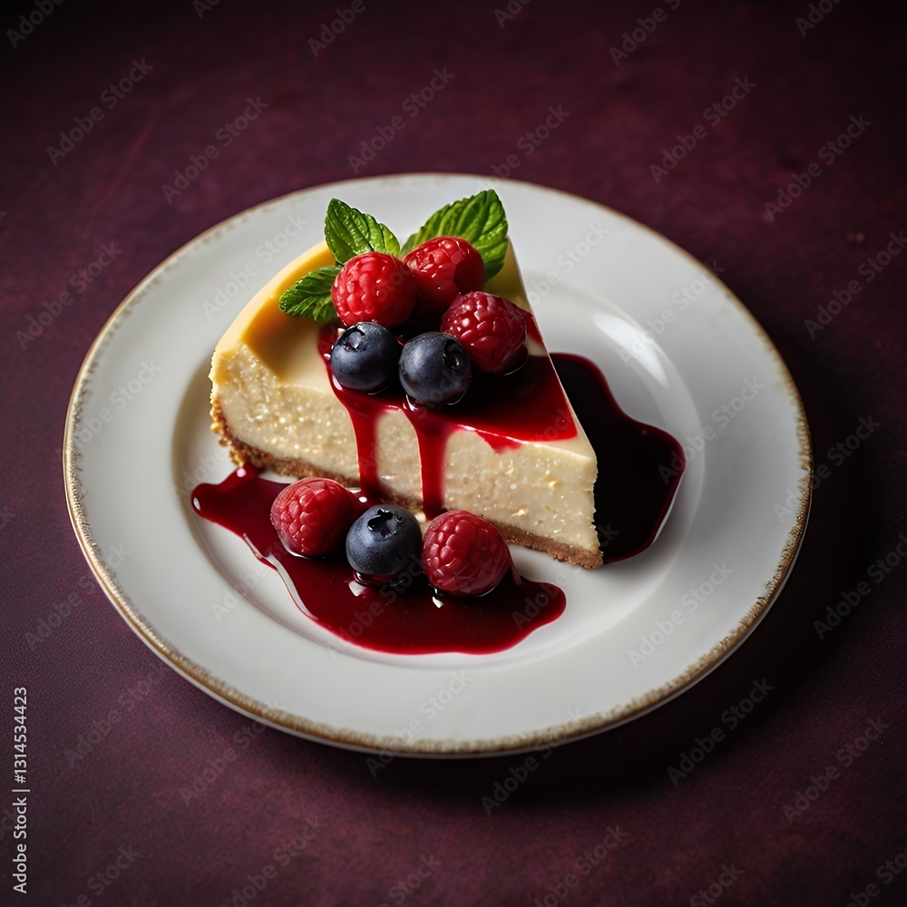 A cheesecake with berry sauce and fresh berries on a white plate, against a contrasting dark red background A cheesecake with berry sauce and fresh berries on a white plate, against a contrasting dark red background