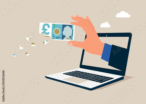 Through the laptop Lose pound sterling banknote money investment in financial crisis, profit and loss in business or deflation and inflation. Vector illustration