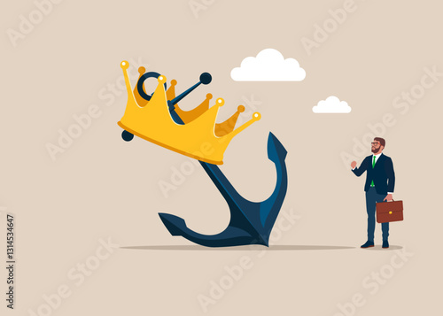 Anchor wearing golden crown. Hard work and struggle in business. Modern vector illustration in flat style