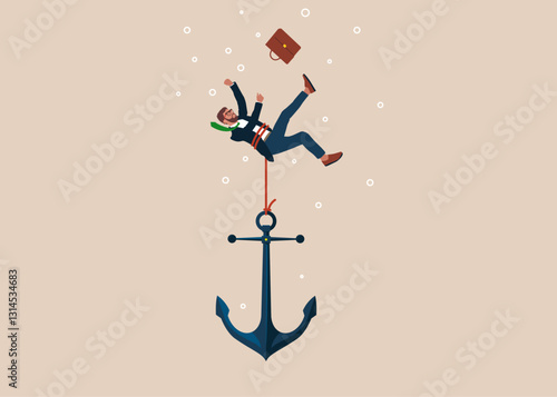 Businessman drowning with sinking anchor. Sunk cost investment problem. Flat vector illustration.