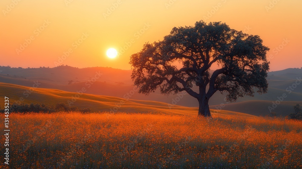 Fototapeta premium Sunset Serenity: Lone Oak in a Golden Field