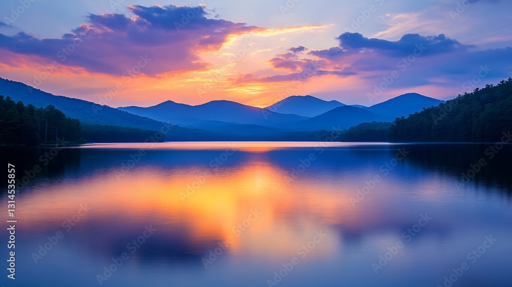 Fototapeta premium Serene Sunset Over Mountain Lake Reflection