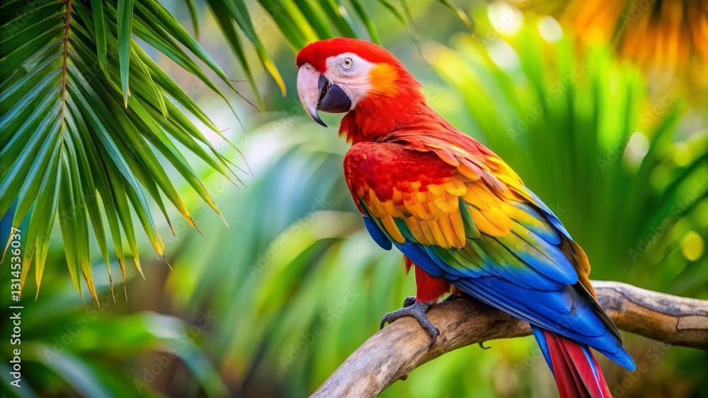A Vibrant Scarlet Macaw Perched on a Branch Amidst Lush Tropical Foliage A Vibrant Scarlet Macaw Perched on a Branch Amidst Lush Tropical Foliage