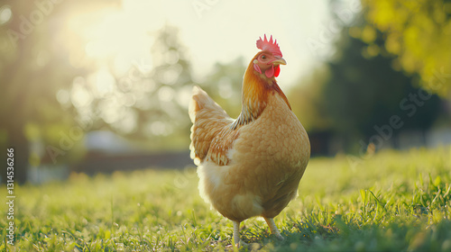 Rooster in the grass, free range cockerel on the meadow. chicken in field in the countryside. Cock on the grass, free range chicken on green grass